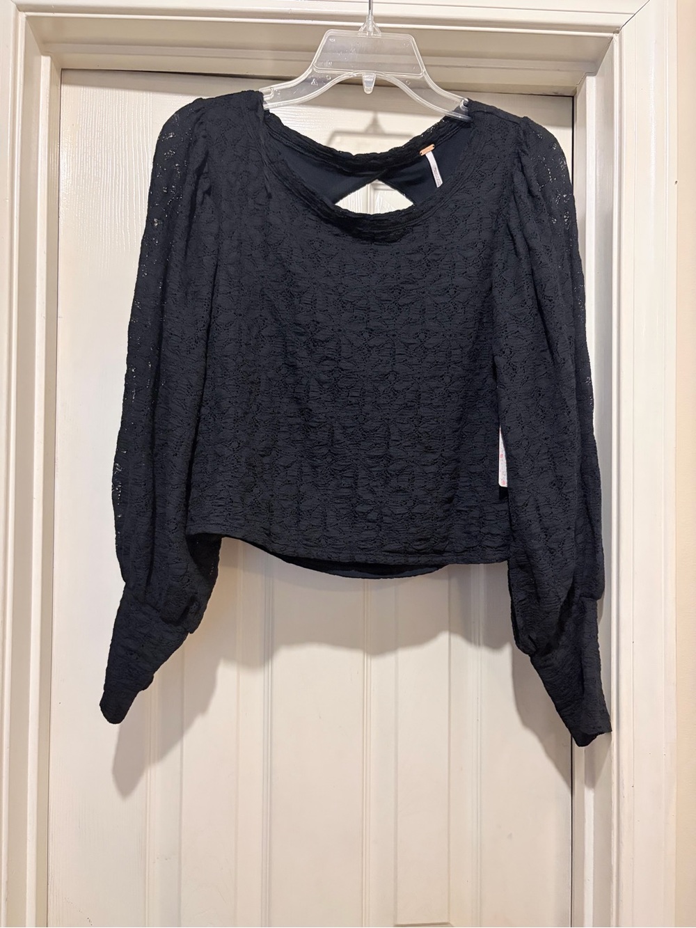 Free People Black Lace Puff-Sleeve Blouse